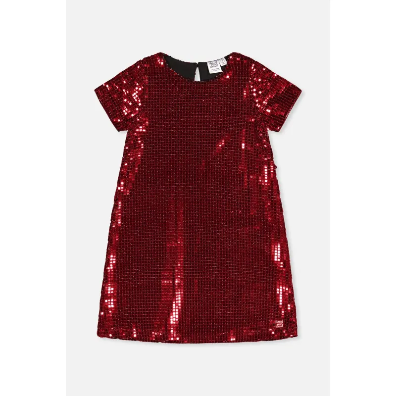 RED SEQUIN ALINE DRESS SHORT SLEEVE CIRCLES & SQUARES / J20OG92-07490
