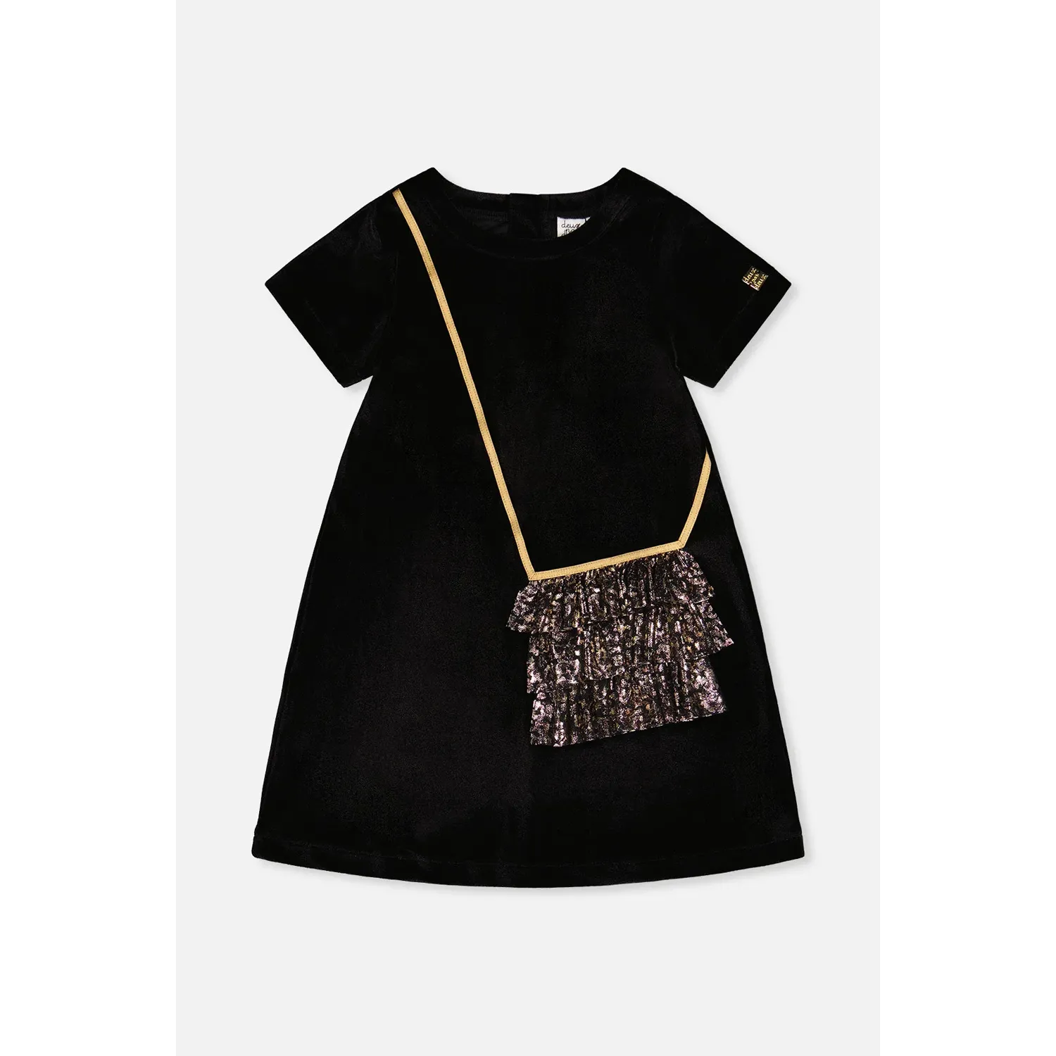 BLACK VELOUR DRESS GOLD PRINTED IMITATION PURSE TULLE SHORT SLEEVE / J20Q89-09990B