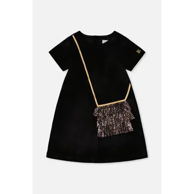 BLACK VELOUR DRESS GOLD PRINTED IMITATION PURSE TULLE SHORT SLEEVE / J20Q89-09990B