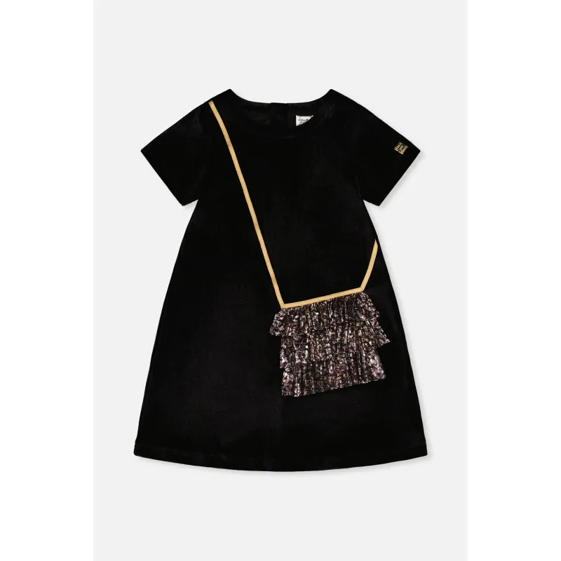 BLACK VELOUR DRESS GOLD PRINTED IMITATION PURSE TULLE SHORT SLEEVE / J20Q89-09990B