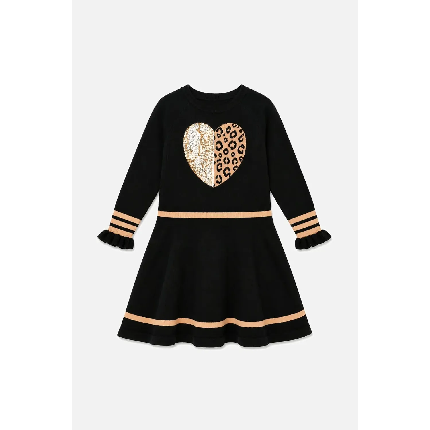 BLACK KNIT DRESS BROWN SEQUIN HEART APPLIQUE LONG SLEEVE / J20OGT91-09990