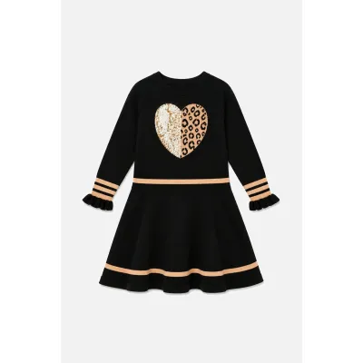 BLACK KNIT DRESS BROWN SEQUIN HEART APPLIQUE LONG SLEEVE / J20OGT91-09990