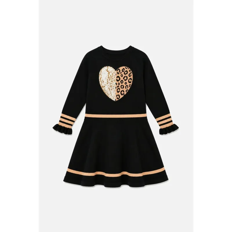 BLACK KNIT DRESS BROWN SEQUIN HEART APPLIQUE LONG SLEEVE / J20OGT91-09990