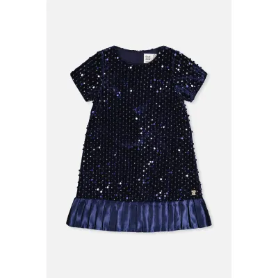 NAVY SEQUIN DRESS PLEATED SATIN HEM SHORT SLEEVE ALINE / J20Q90-04820
