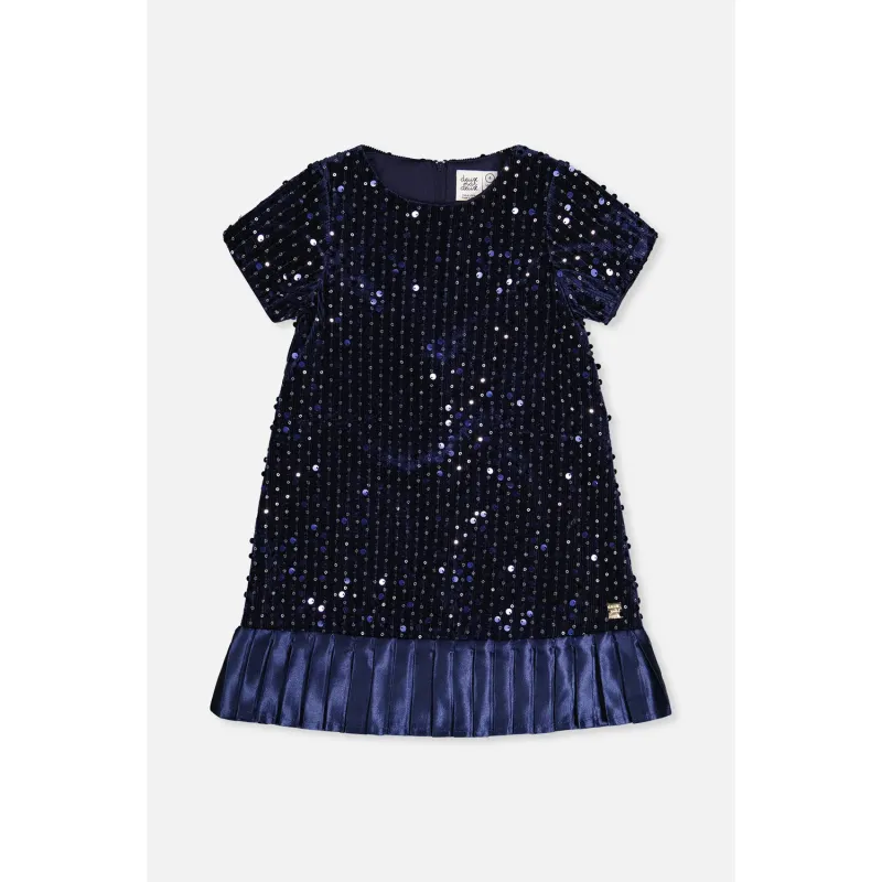 NAVY SEQUIN DRESS PLEATED SATIN HEM SHORT SLEEVE ALINE / J20Q90-04820