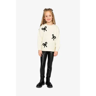 2PC OFF WHITE & BLACK PANT SET KNIT TOP WITH BOWS PLEATHER PANT / J20Q32-J20Q60-01010