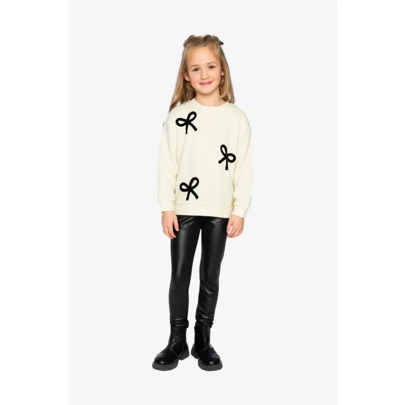 2PC OFF WHITE & BLACK PANT SET KNIT TOP WITH BOWS PLEATHER PANT / J20Q32-J20Q60-01010