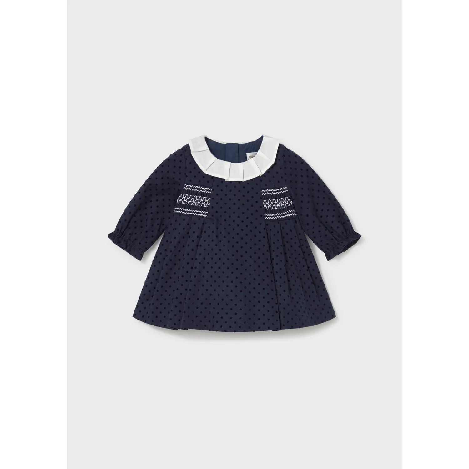 NAVY FLOCKED DRESS WHITE COLLAR & SMOCKING TRIM / 2818-028