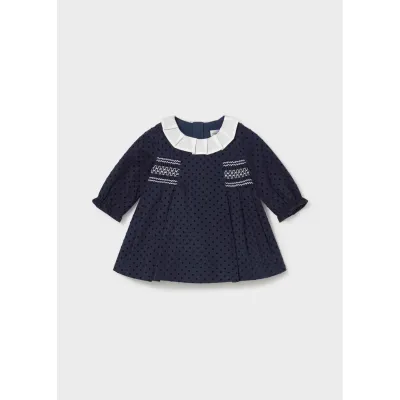 NAVY FLOCKED DRESS WHITE COLLAR & SMOCKING TRIM / 2818-028