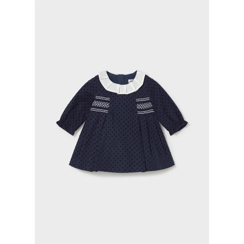 NAVY FLOCKED DRESS WHITE COLLAR & SMOCKING TRIM / 2818-028