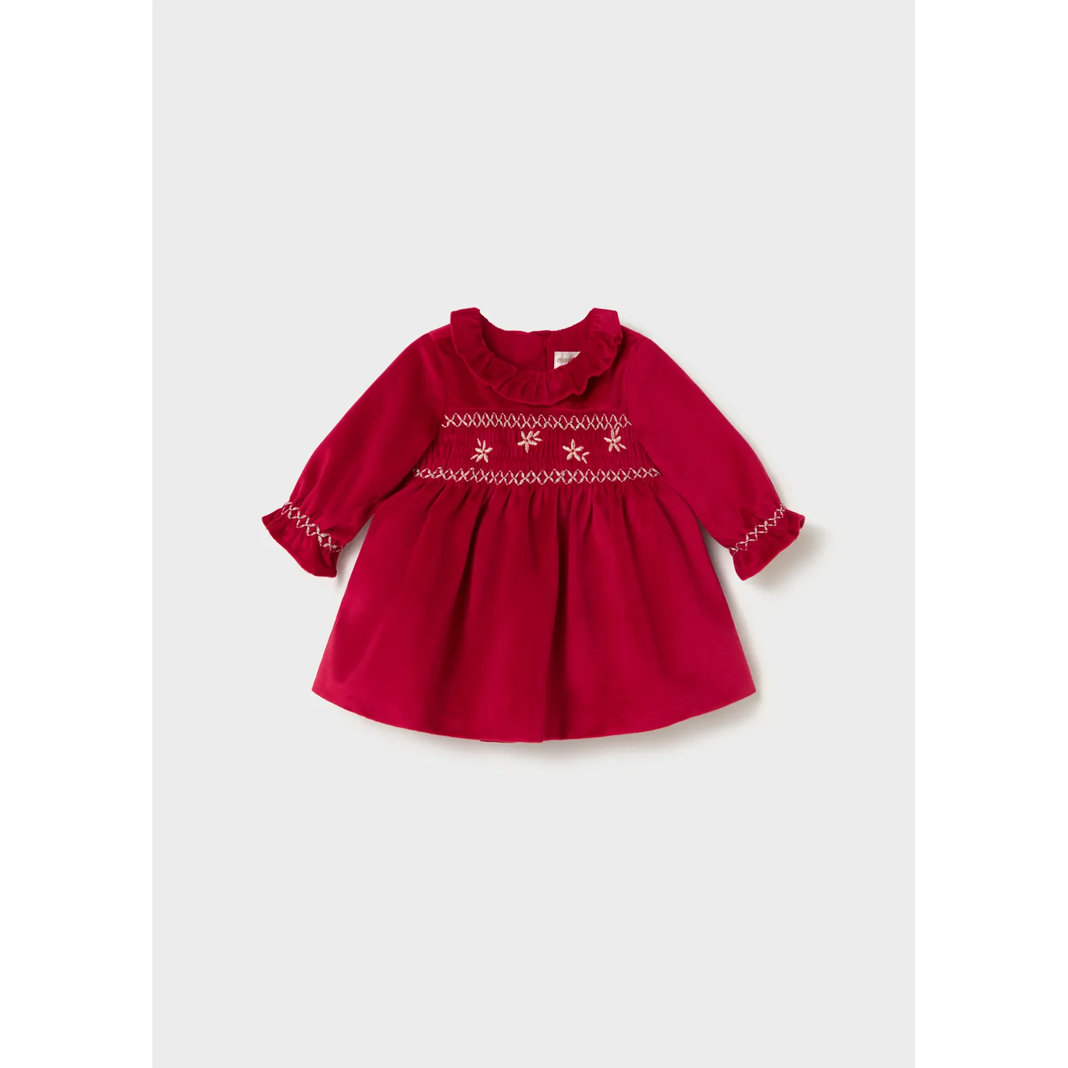 RED VELVET DRESS GOLD SMOCKING TRIM / 2807-011