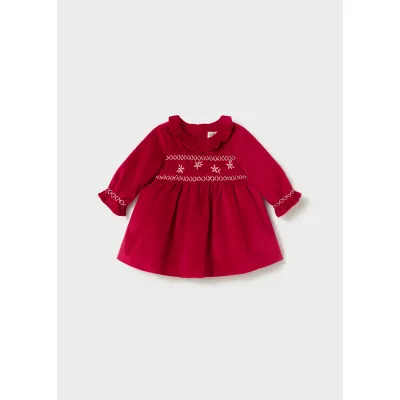 RED VELVET DRESS GOLD SMOCKING TRIM / 2807-011
