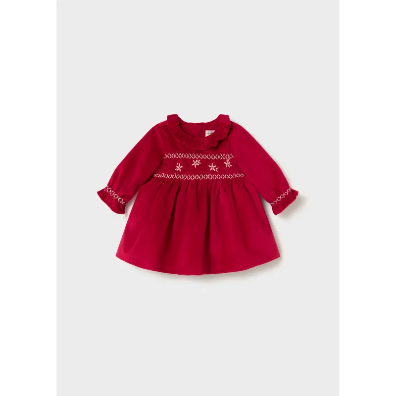RED VELVET DRESS GOLD SMOCKING TRIM / 2807-011