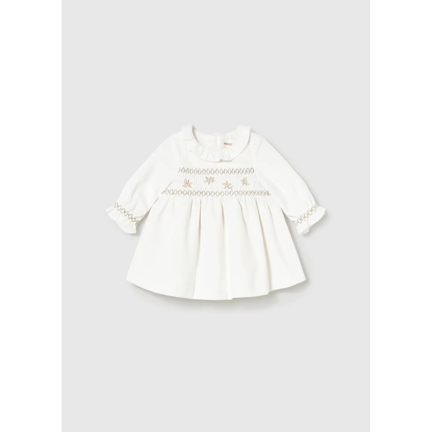 OFF WHITE VELVET DRESS GOLD SMOCKING TRIM / 2807-010
