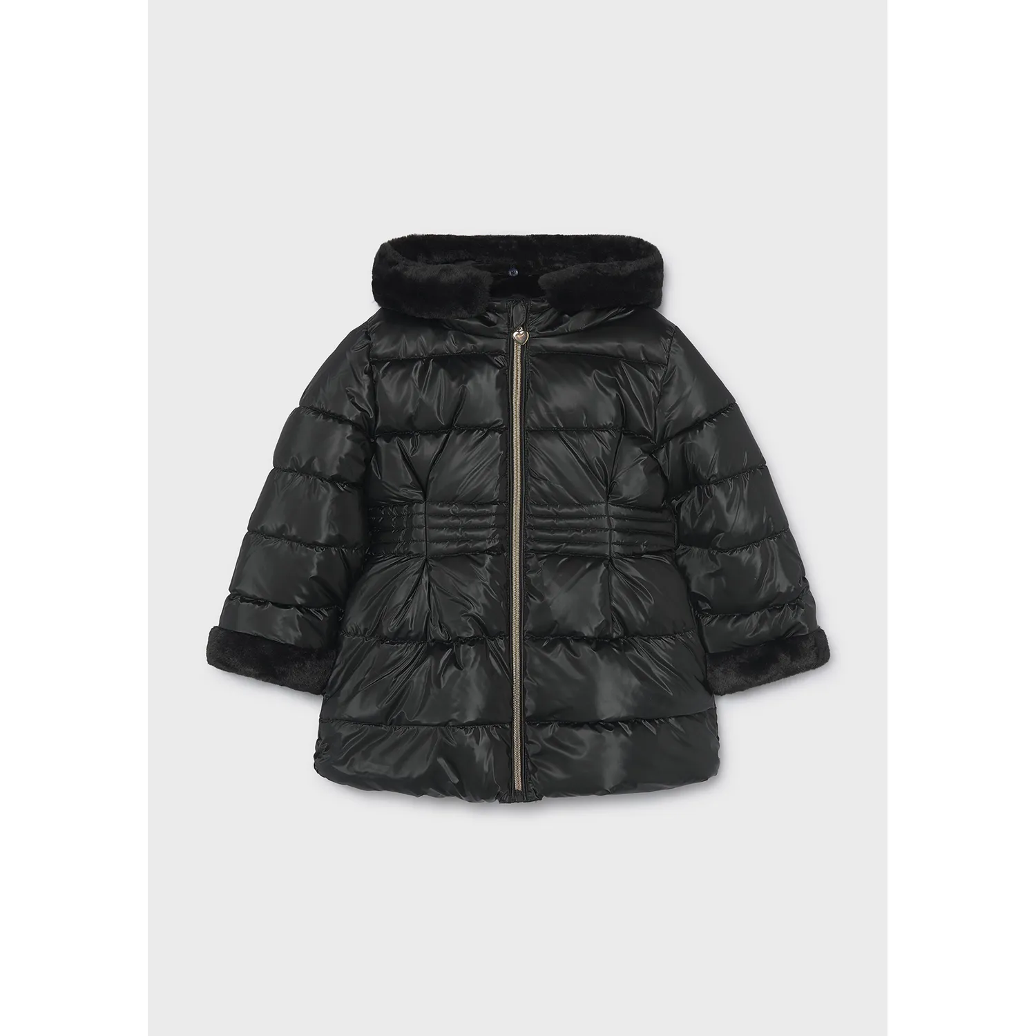 BLACK METALLIC PUFFER COAT FAUX FUR TRIM / 4422-043