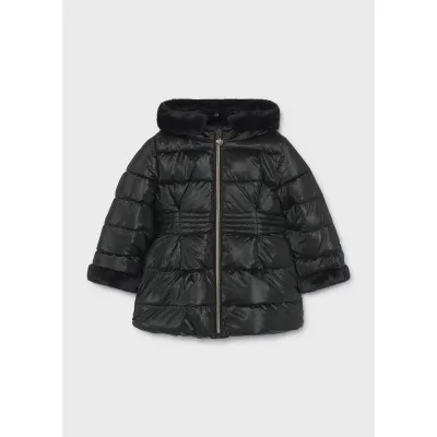 BLACK METALLIC PUFFER COAT FAUX FUR TRIM / 4422-043