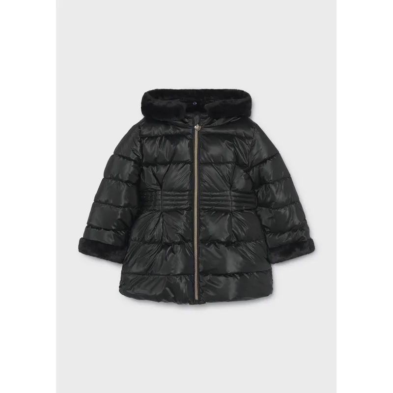 BLACK METALLIC PUFFER COAT FAUX FUR TRIM / 4422-043