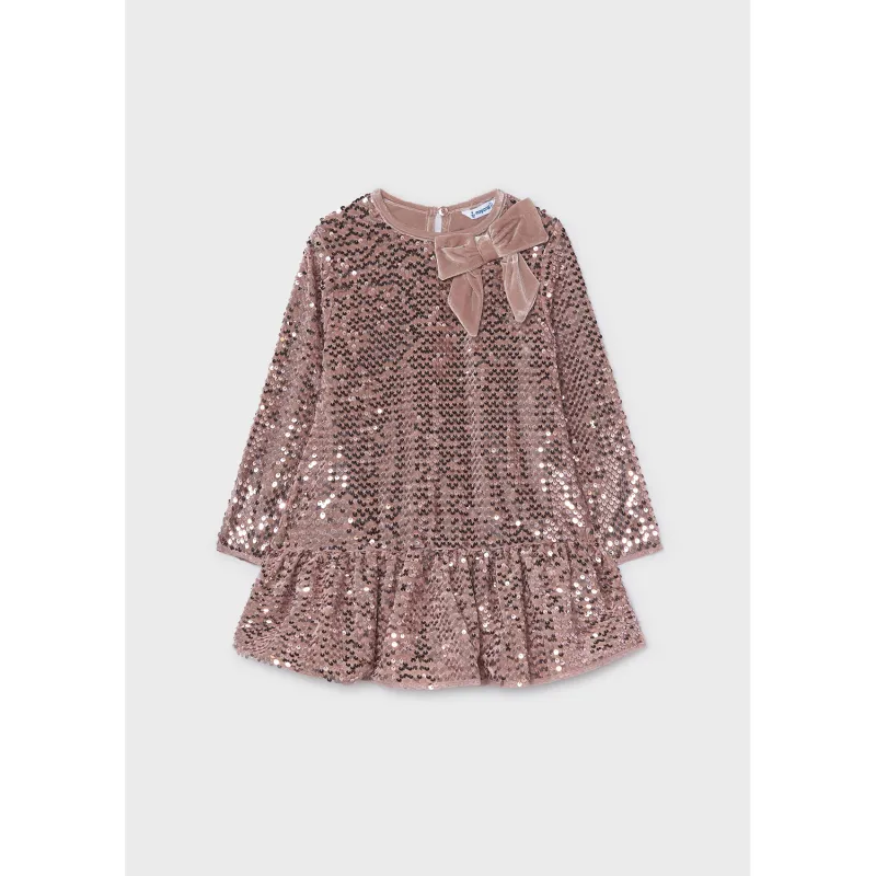 PINK CRYSTAL SEQUIN VELVET DRESS BOW TRIM / 4931-048