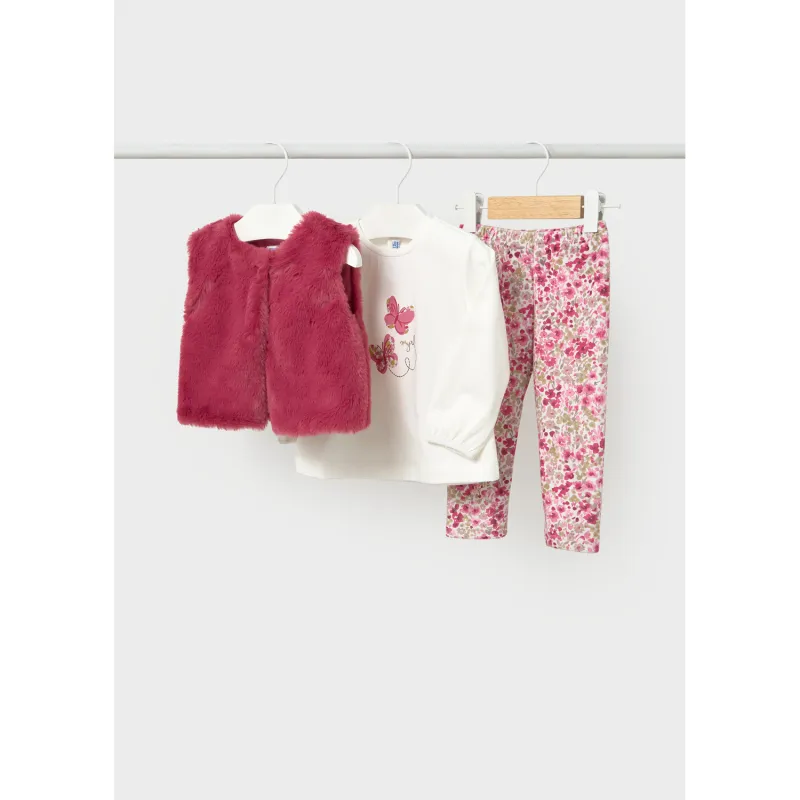 3PC PINK FAUX FUR VEST FLORAL LEGGING SET OFF WHITE TSHIRT / 2784-069