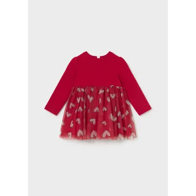 RED KNIT & TULLE DRESS HEART PRINT / 2941-015