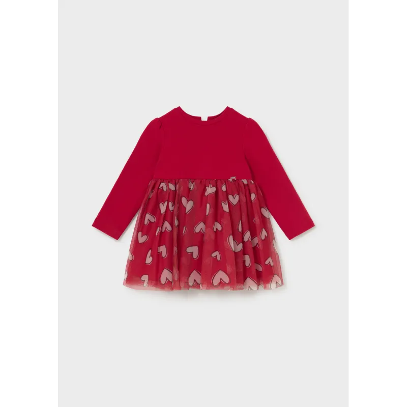 RED KNIT & TULLE DRESS HEART PRINT / 2941-015
