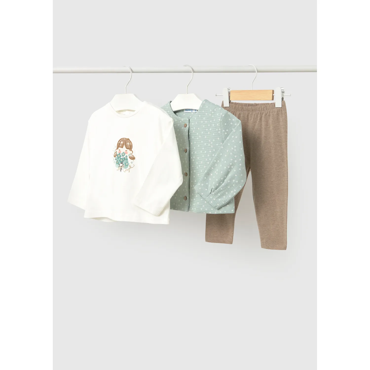 3PC GREEN CARDIGAN CREAM TSHIRT BROWN LEGGING SET DAISY PRINT / 2708-056