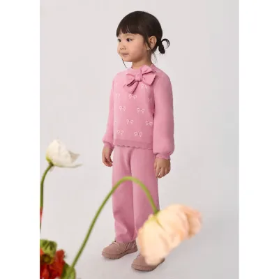 2PC PETAL PINK KNIT PANT SET BOW TRIM & PRINT / 5739-006