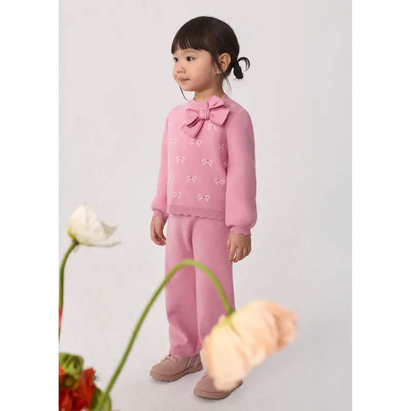 2PC PETAL PINK KNIT PANT SET BOW TRIM & PRINT / 5739-006