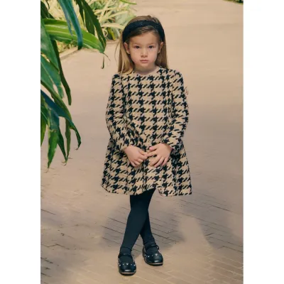 BLACK & BEIGE TWEED HOUNDSTOOTH DRESS LONG SLEEVE / 5581-003