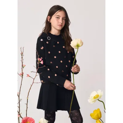 2PC BLACK KNIT SKIRT SET GOLD SEQUIN DOT TRIM & BOW / 5591-003