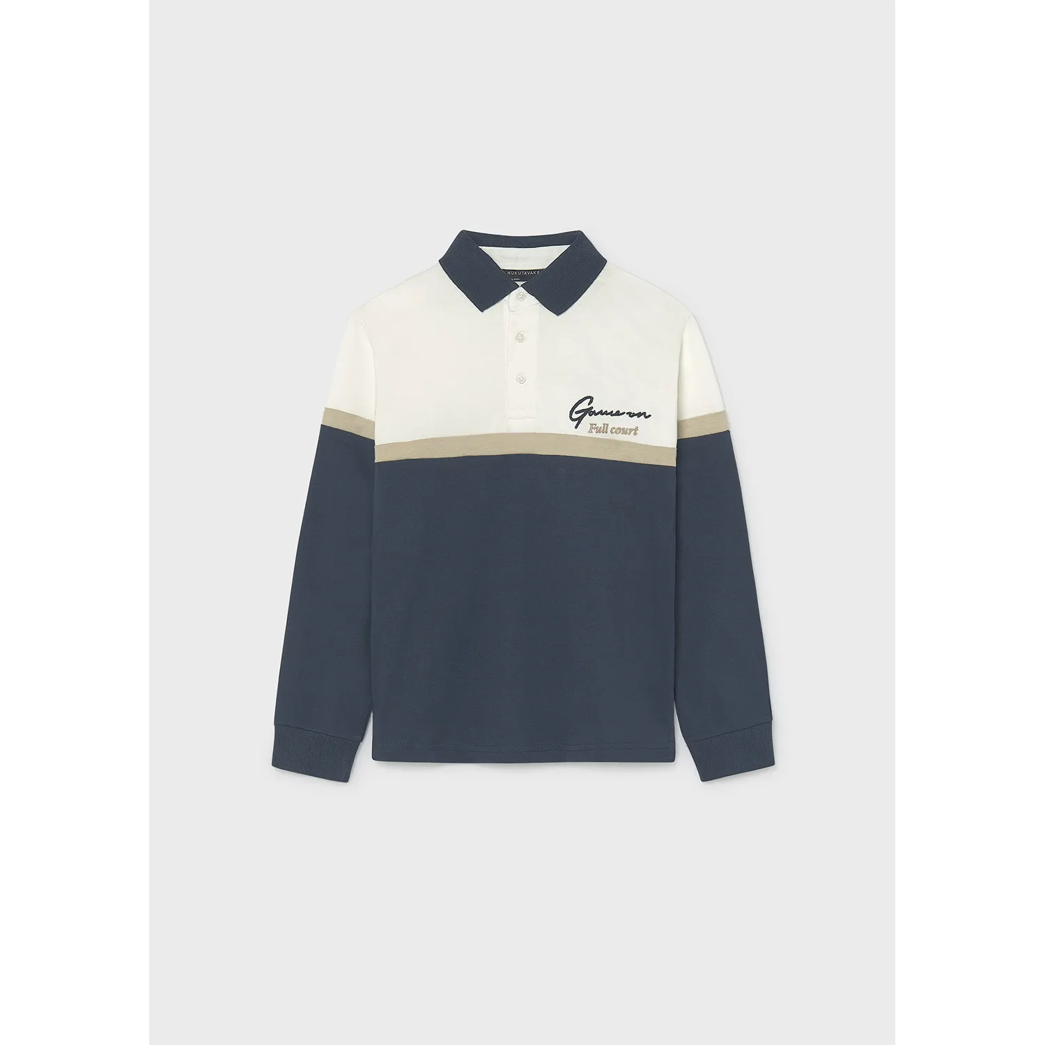 WHITE & NAVY POLO TOP BEIGE STRIPE LONG SLEEVE / 7104-064