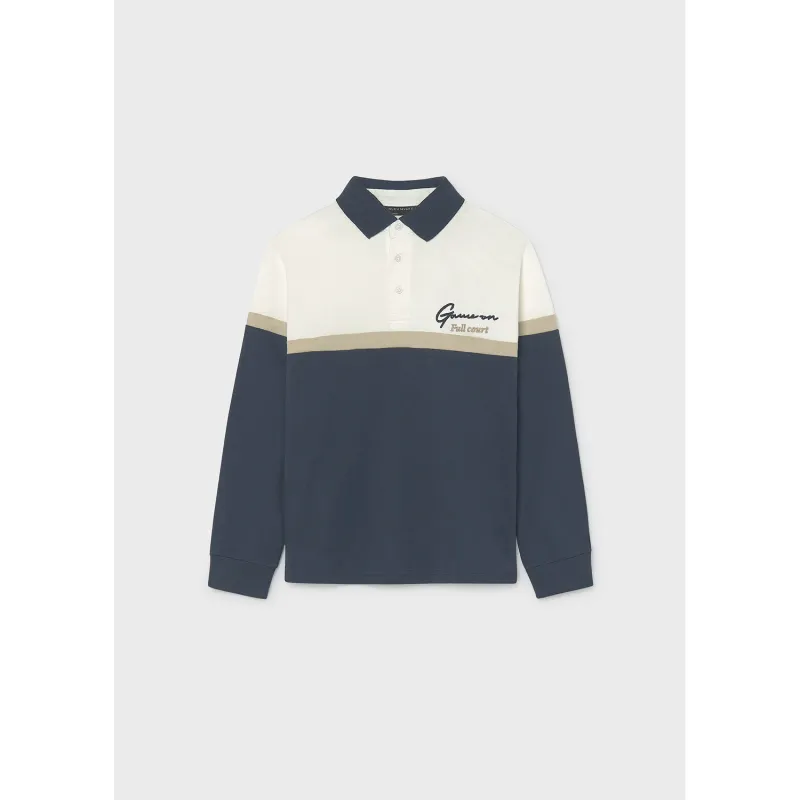 WHITE & NAVY POLO TOP BEIGE STRIPE LONG SLEEVE / 7104-064