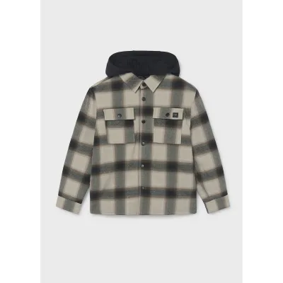 BLACK & BEIGE CHECK QUILTED OVERSHIRT BLACK HOOD / 7106-069