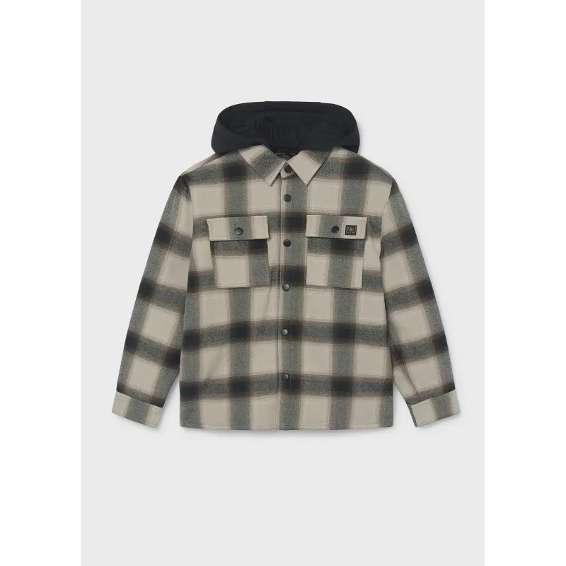 BLACK & BEIGE CHECK QUILTED OVERSHIRT BLACK HOOD / 7106-069