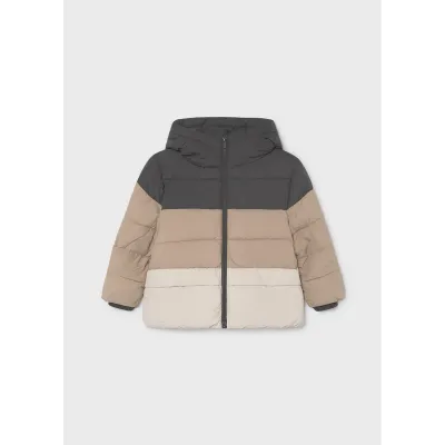 3TONE BLACK BEIGE & CREAM PUFFER JACKET HOODED / 4403-048