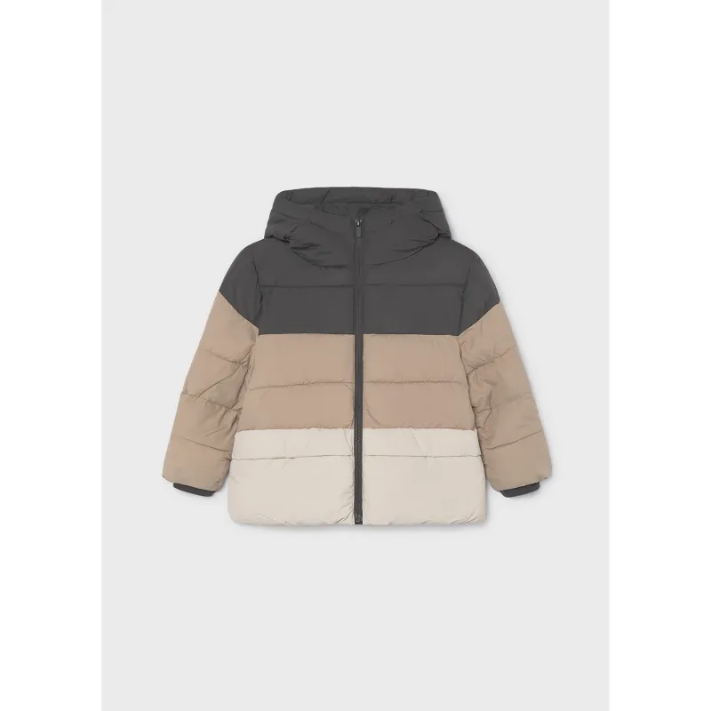 3TONE BLACK BEIGE & CREAM PUFFER JACKET HOODED / 4403-048