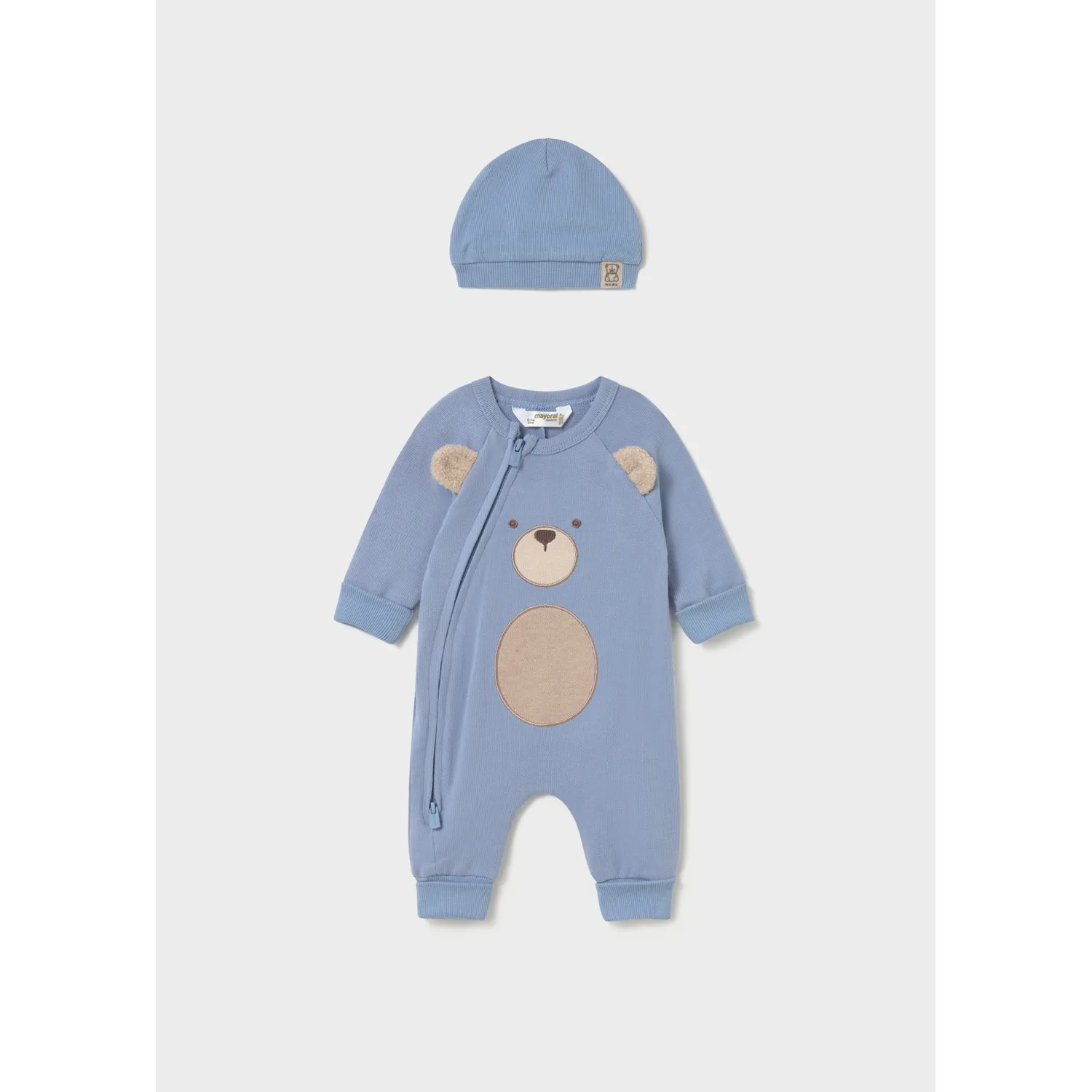 2PC BLUE ROMPER & HAT SIDECLOSURE BROWN BEAR APPLIQUE / 2659-096