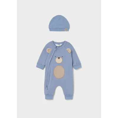 2PC BLUE ROMPER & HAT SIDECLOSURE BROWN BEAR APPLIQUE / 2659-096