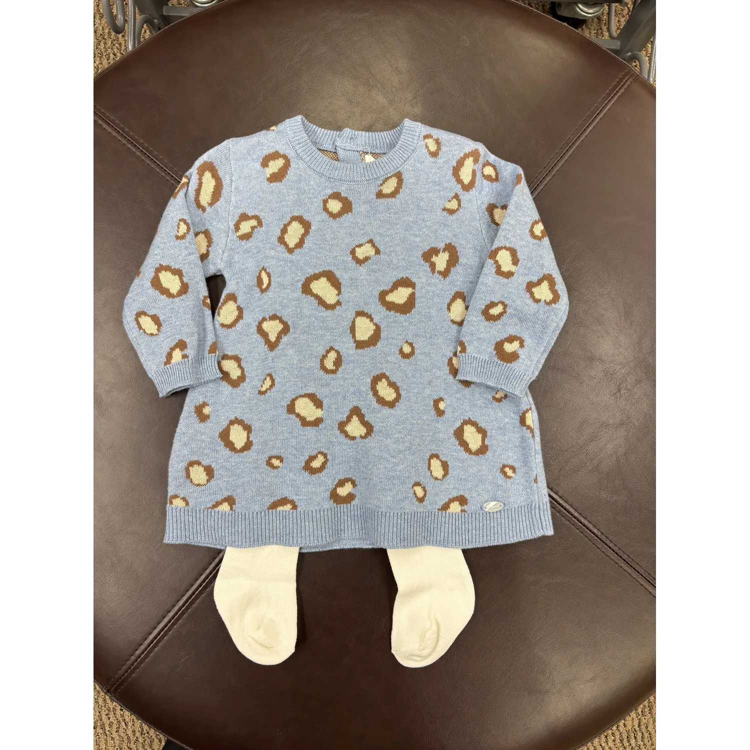 R10884MAY / 2806-036 2PC BLUE KNIT DRESS & CREAM  TIGHTS BROWN PAW PRINT