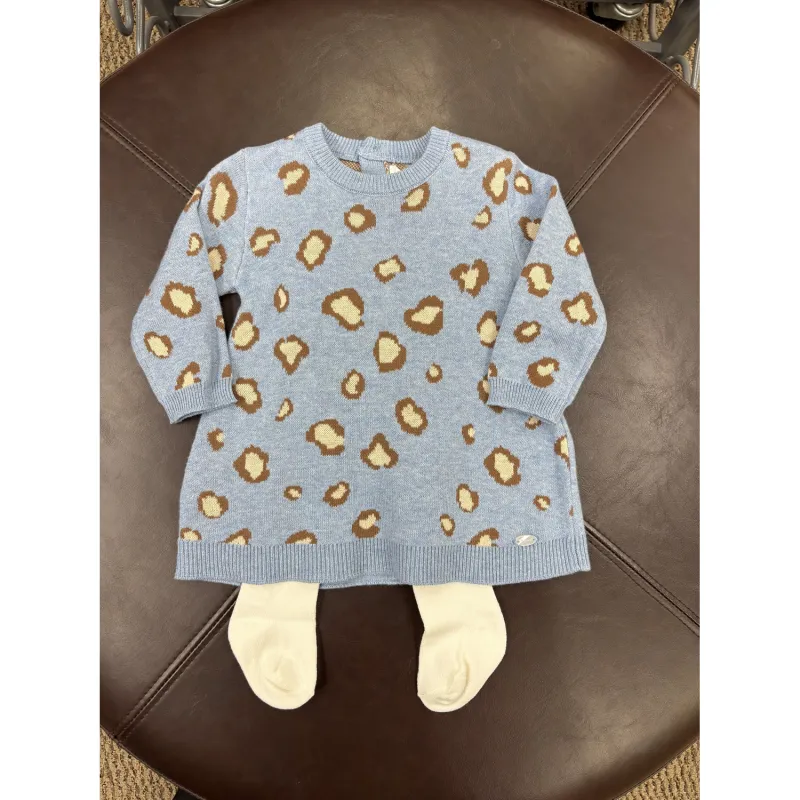 R10884MAY / 2806-036 2PC BLUE KNIT DRESS & CREAM  TIGHTS BROWN PAW PRINT