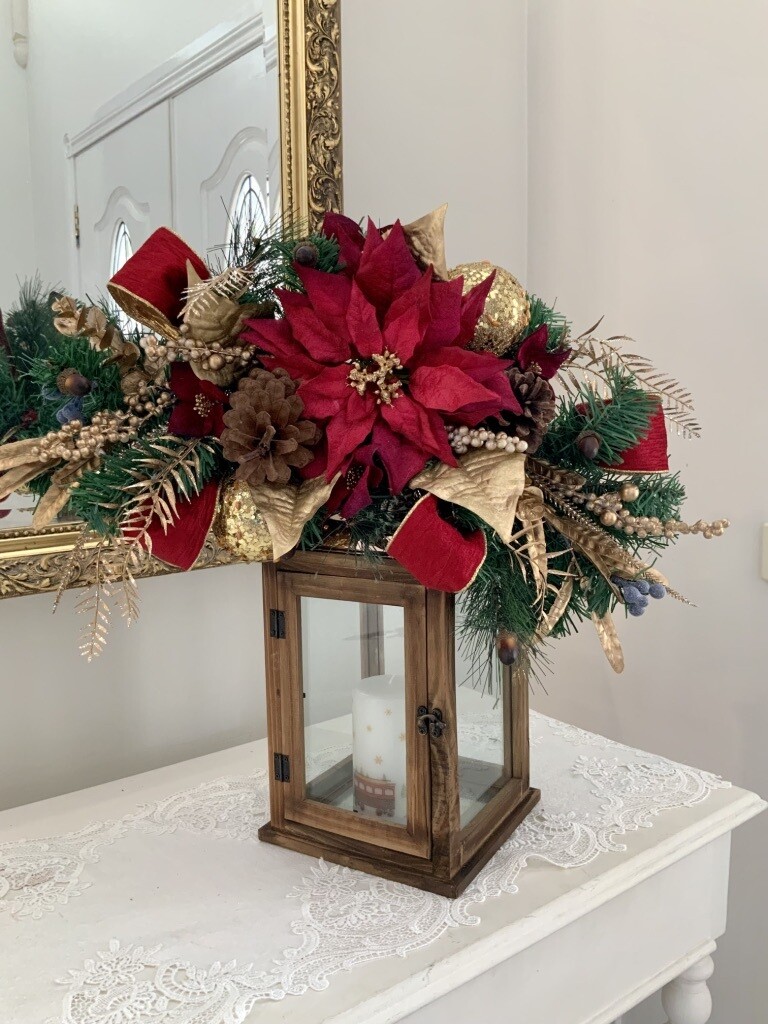 Traditional Christmas Poinsettia Red & Gold Luxe Lantern with topper