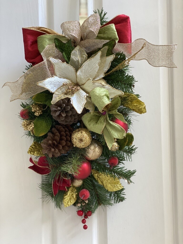 Traditional red, green & gold Christmas Swag with White Poinsettia