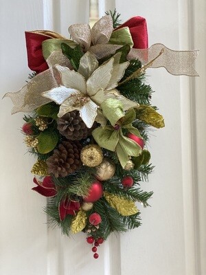 Traditional red, green & gold Christmas Swag with White Poinsettia