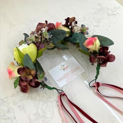 'Maroon Afternoon' handmade floral headband with white peonies, roses, and maroon hydrangea
