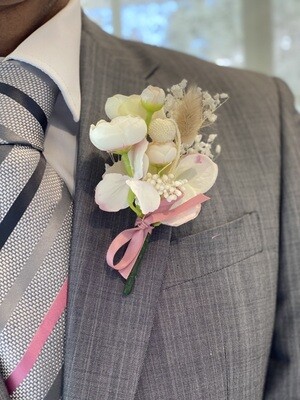 Blushing white multi-peony boutonniere w/ dried accents