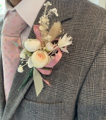 White double peony boutonniere with dried accents