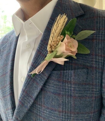 Pink Yellow tinged Rose Boutonniere with dried accents
