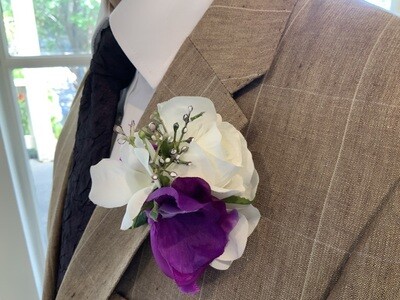 Delicate rose & sweet pea purple & white Boutonniere