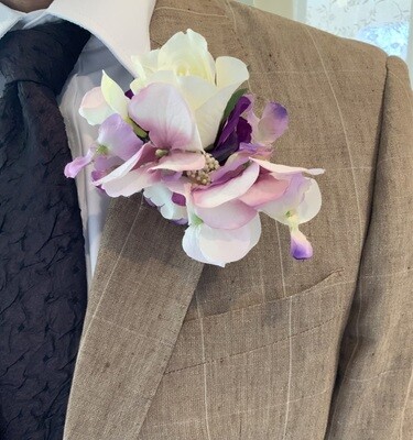 Delicate rose & sweet pea purple & white Boutonniere/Pin-on Corsage