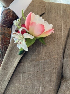Blushing pink Peony in Bloom Boutonniere w/ white stargazer lily